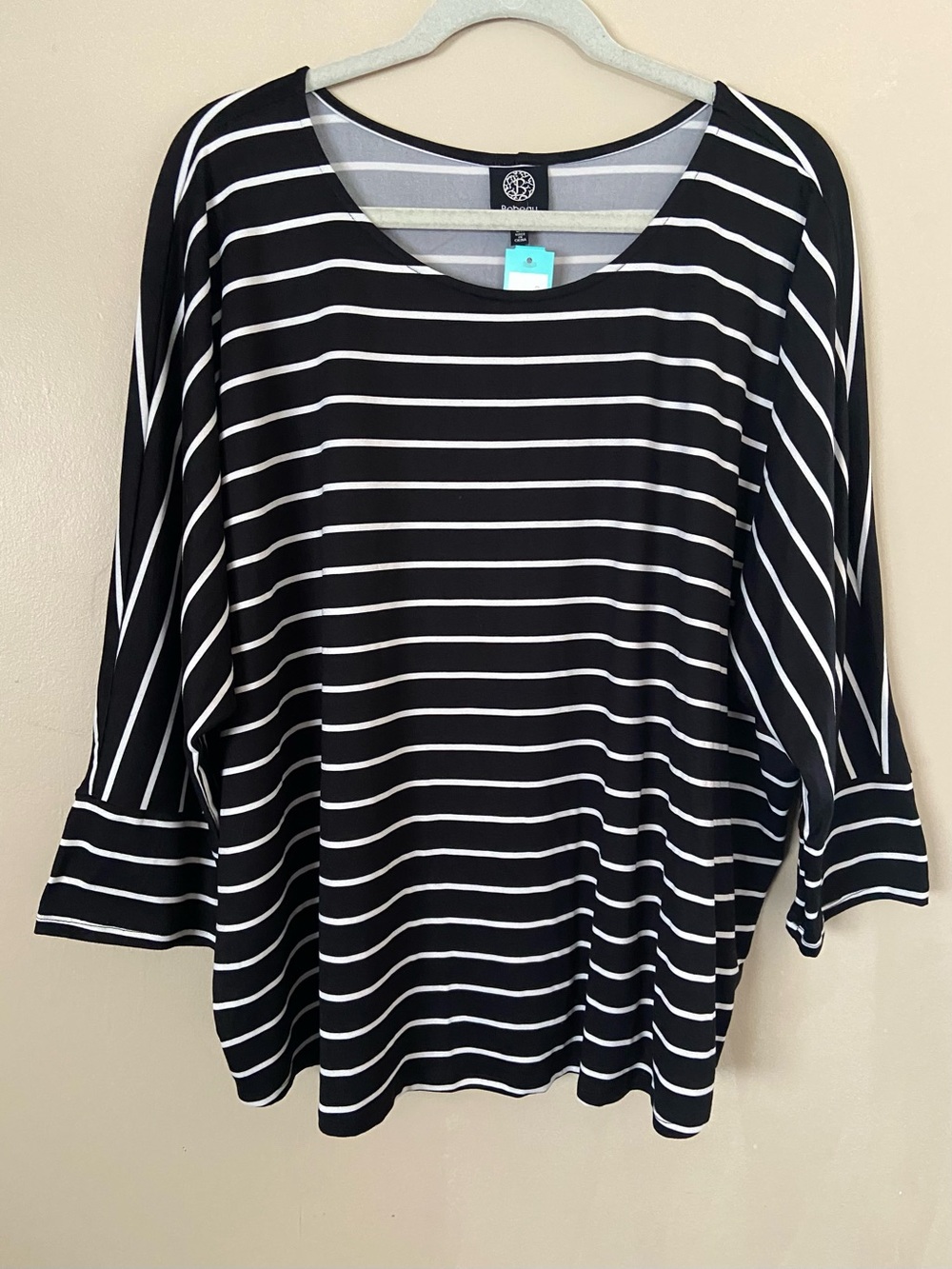 Bobeau Black & White Striped Scoop Neck 3/4 Sleeve Dolman Knit Top